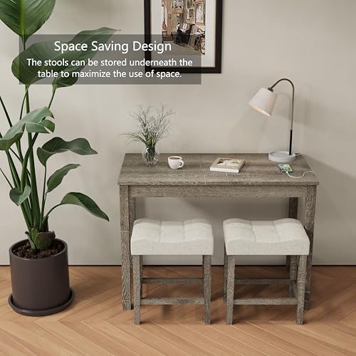 allamazing 3-Piece Counter Height Bar Table Set with Socket and 2 Fabric Padded Bar Stools, Tall Kitchen Breakfast Dining Table Set with Stools (1+2 Natural) - color: 1+2 Natural