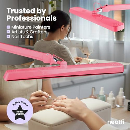 Neatfi XL 2,500 Lumens 30W LED Task Lamp for Manicure Table, Crafts, Workbench, Office – 22” Wide Shade Desk Light | Eye-Caring 6500K | 4-Level Brightness (Pink, Non-CCT with Clamp) - color: Pink