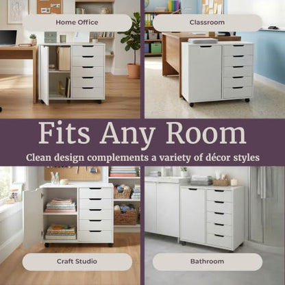 5 Drawer Office Storage Cabinet - Wooden Lateral File Cabinet with 5 Drawers, Door, and Adjustable Shelves - Rolling Printer Stand for Home Office Organization and Storage by Lavish Home (White)