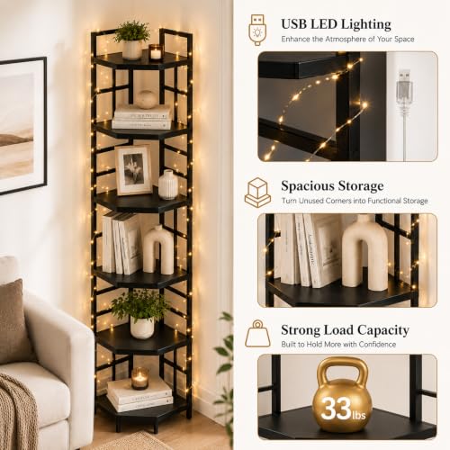 Corner Shelf, 6 Tier Industrial Corner Bookshelf Bookcase, Black | 76.8"Inch Tall,USB LED Light,Anti-Tip Protection, Plant Stand for Living Room, Kitchen, Home Office