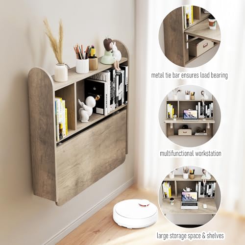 Wall Mounted Drop-Leaf Table, Floating Laptop Desk, Folding Table with Shelves, Multifunctional Computer Workstation with Storage Compartments in Home Office for Space Saving (Rustic Oak) - color: Rustic Oak