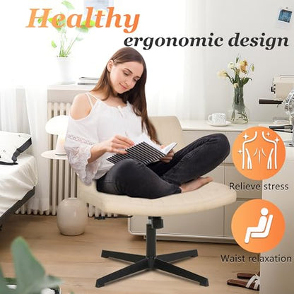 FDW Criss Cross Chair Armless Cross Legged Office Desk Chair Adjustable Swivel Ergonomic Desk Chair No Wheels U Shaped Backrest with Wide Seat Native Sponge Computer Task Vanity Chair for Home Office - color: Cream, style: Without Wheels