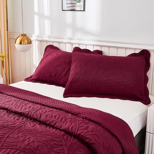 MarCielo 100% Cotton Quilt Set - 3-Piece Embroidered Farmhouse Bedspread & Shams, All-Season Breathable Bedding(Wine Burgundy,Queen (98" x 90")) - color: Wine Burgundy, size: Queen (98" x 90")