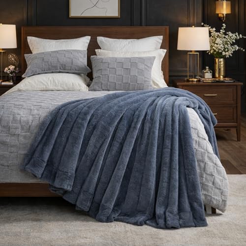 Cozy Bliss Deluxe Sheared Rabbit Faux Fur Throw Blanket, Soft Fuzzy High-Low Sculpted Plush Blanket for Couch, Cozy Home Accent, All Season Use, Blue 50"x60" - color: Stripe - Blue, size: Throw(50" x 60")