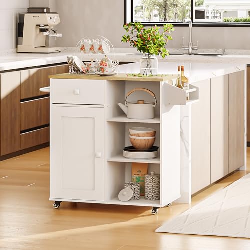 HOOBRO Kitchen Island, Storage Cabinet with Drawer, Kitchen Cart with Spice and Towel Rack, Saving Space, Easy Assembly, for Living Room, White and Natural WN12ZD01 - color: White + Natural