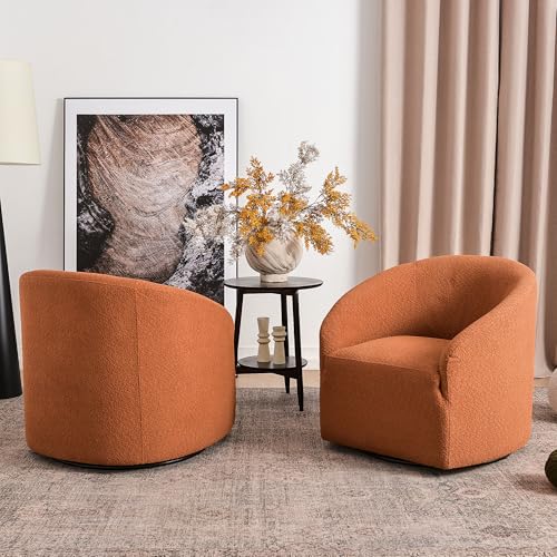 KINWELL 32" Wide Swivel Barrel Chairs Set of 2, Boucle Upholstered Swivel Accent Chairs, Mid-Century 360 Degree Swivel Chairs, No Assembly Round Armchairs for Living Room, Bedroom (Caramel) - color: Caramel, style: Set of 2