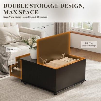 MALOL Square Storage Coffee Table with 2 Drawers, Hidden Storage Beneath Flip-Top Lid, Modern Fluted Wood Coffee Table with Solid Wood Legs for Living Room, Black - color: Black