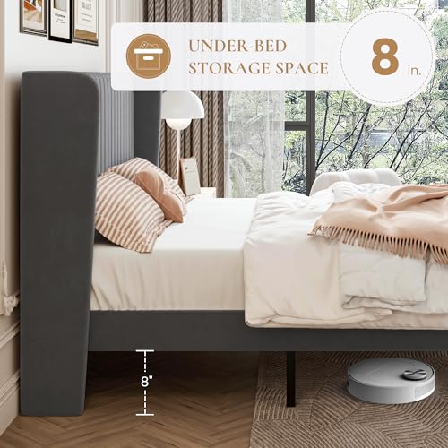 SHA CERLIN Full Size Velvet Bed Frame, Tufted Wingback Headboard, Grey | 47'' Modern Vertical Channel Headboard, Upholstered Platform Bed, Wood Slats, No Box Spring Needed, Easy Assembly, Noise Free - color: Grey, size: Full