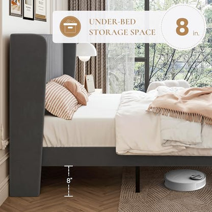 SHA CERLIN Full Size Velvet Bed Frame, Tufted Wingback Headboard, Grey | 47'' Modern Vertical Channel Headboard, Upholstered Platform Bed, Wood Slats, No Box Spring Needed, Easy Assembly, Noise Free - color: Grey, size: Full