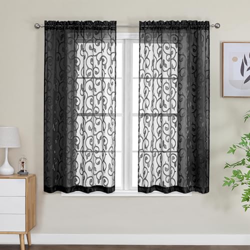 Furman Sheer Curtains 45 Inch Long 2 Panels Set, Airy Jacquard Clip Short Voile Black Curtains for Kitchen Dinning Room Small Windows Bedroom Living Room, Modern Dual Rod Pocket, 28Wx45L inch - color: Black, size: 28"W x 45"L (Pack of 2)