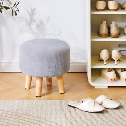 YMYNY Round Pouf Ottoman 12.6" Small Foot Stool, Grey HBD035G | Faux Fur, Wood Legs, Modern Boho, Foot Rest for Couch Living Room Bedroom Office - color: Grey