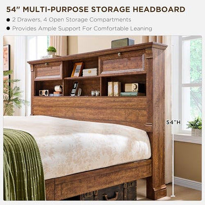 Farmhouse King Size Bed Frame, 2 Drawers & 4 Bookcases On The 54" Headboard | 2 Large Footboard Drawers, Wood Platform Bed Frame with 18" Tall Roman Column, No Box Spring Needed(Reclaimed Barnwood) - color: Reclaimed Barnwood, size: King(U.S.Standard)