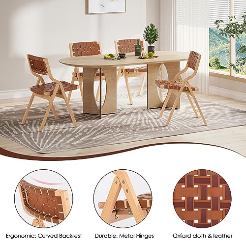 Wood Folding Chairs, Foldable Chairs Chairs Wooden Indoor Stackable Dining Chairs for Kitchen & Dining Room Chair Woven Seat & Webbing Back, Dining Chair Set of 2 - color: Brown/Natural, Pu Leather