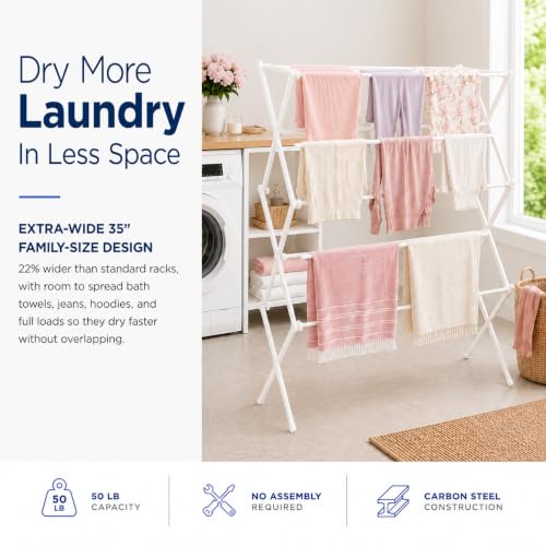 Honey-Can-Do Oversized Clothes Drying Rack, Extra-Wide 35", 50 lb, White | Fits family-size loads of towels, jeans & hoodies; rust-resistant coated steel; folds flat; indoor/outdoor; energy-saving - color: White
