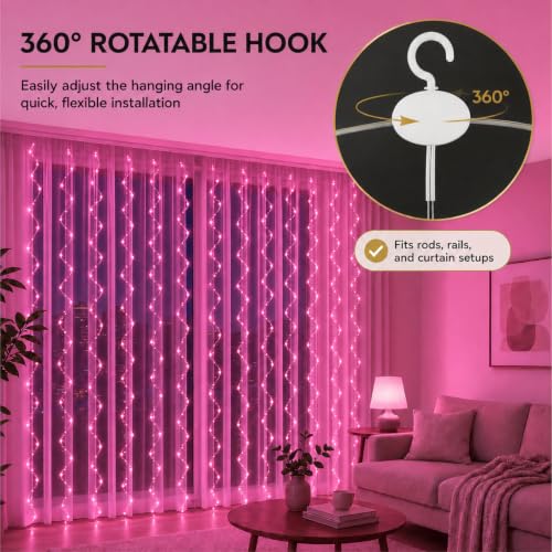 ZSJWL 300 LED Curtain Fairy Lights with Remote, 9.8 × 9.8 Ft, USB Plug in | 8 Modes, Waterproof, Twinkle Silver Wire, String Lights for Bedroom, Windows, Christmas, Wedding and Party Decor, Pink - color: Pink, size: 300LED
