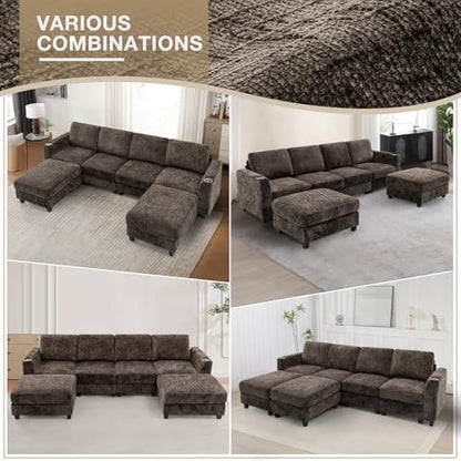 110" Convertible U-Shape Couch with 2 Flexible Ottomans, Brown | Soft Sectional Sofa w/2 Built-in Cup Holders, Chenille 4 Seats Sofa with Well-Filled Back Cushions for Living Room, House - color: Brown, size: 110" U-Shape