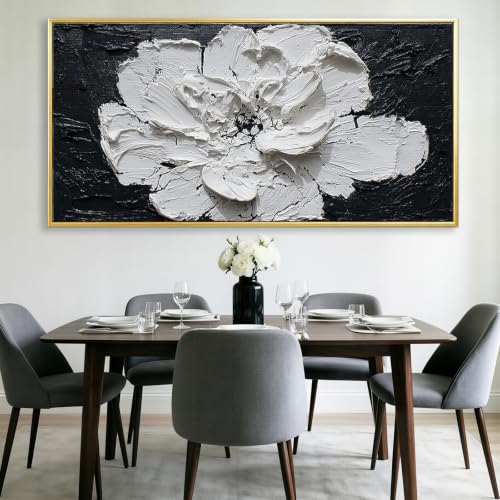 Elegant Black White Flower Framed Wall Art with Hooks, Classic Floral Home Decor 24"x48" - color: White Peony Flower, size: 120L x 60W cm