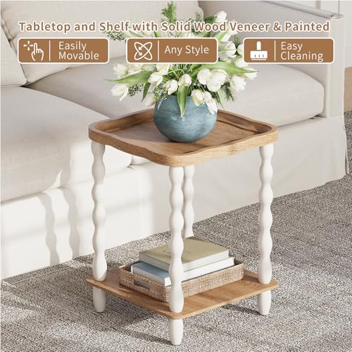 karlott Round Side Table, Square Farmhouse End Table Living Room, Beige | Pine Leg, Weathered Handcrafted Wood Nightstand, Boho Round Nightstand, Easy Assembly for Living Room, Bedroom, Small Space - size: Square Arc 2 Tier Table 18.9 Inches