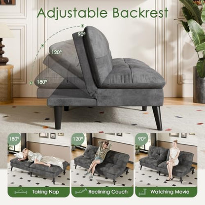 Vongrasig Futon Sofa Bed Velvet Futon Couch with Adjustable Backrest, Small Convertible Folding Sleeper Sofa Bed, Modern Loveseat for Living Room, Bedroom and Small Space, Gray - color: Grey