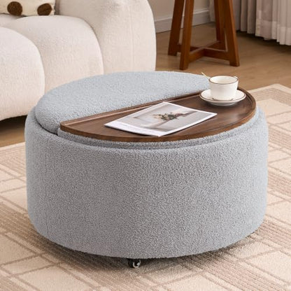 29.5" Round Storage Ottoman Coffee Table, Dual Reversible Lids, Grey | Round Ottoman Coffee Table, Swivel Casters, Hidden Storage, Dual Lift-Off Lids, Teddy Fabric, Living Room, Bedroom - color: Grey
