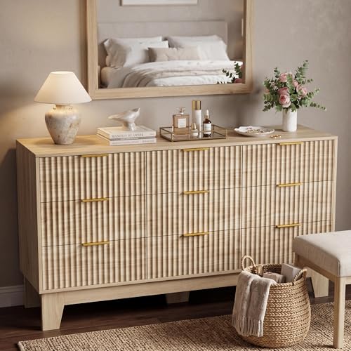 IDEALHOUSE 9 Drawer Dresser for Bedroom, Fluted Dresser for Bedroom | Fluted Door, Sturdy Structure, Easy to Clean - color: Oak, size: 59"D x 15.6"W x 31.5"H (9 Drawers)