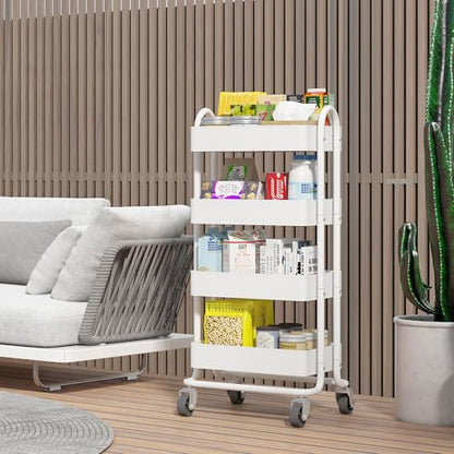 4 Tier Metal Rolling Cart with Wheels,4 Tier Utility Cart with Wheels for Office,Home,Kitchen,Garden（13.4"x18.1"x40"） White - color: White, size: 40"H