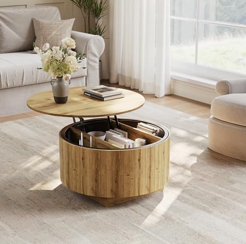kepptory Round Lift Top Coffee Table with LED Lights, Mid Century Modern Wooden Coffee Tables with 3 Storage Space, Circle Center Table for Living Rooms,Dining Room,Bedroom Home Office,APP LED Lights - color: Natual