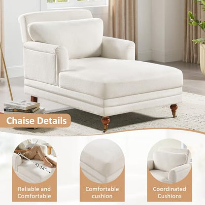 57.48'' Chaise Lounge Chair with Adjustable Backrest, Terry White | Chaise Lounge Chair Indoor, Modern Chaise Lounge Couch, Upholstered Leisure Recliner for Living Room, Apartment, Bedroom - color: White Terry
