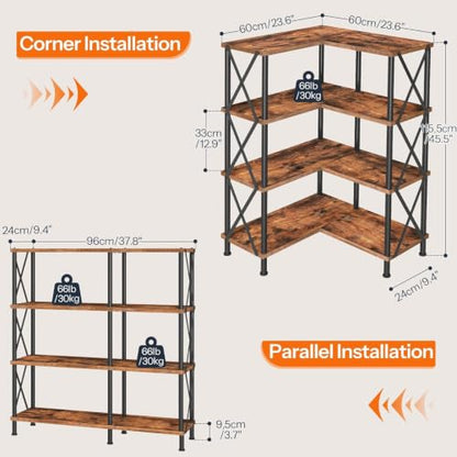 4 Tier L-Shaped Corner Bookshelf Rustic Brown Particleboard Matte Black Metal Frame Freestanding Open Display Storage Rack 23.6 x 23.6 x 45.5 Inch for Living Room Home Office