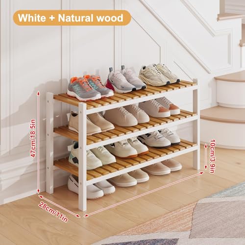 Bamboo Shoe Rack Organizer for Closet and Entryway-Space-Saving Narrow Shoe Stand-Versatile Shoe Holder for Door or Closet Shelf,Garage Bedroom can Freely Stack DIY Small Shoe Racks 3 Tier Mixed color - color: White+natural Color, size: 3-Tier