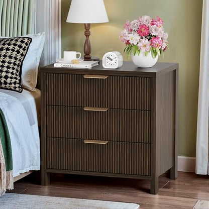 Fluted Nightstand, 23.7'' Wide Night Stand with 3 Drawers, Mid-Century Modern Bedside Table with Handles, Wood End Table for Bedroom, Brown - color: Brown