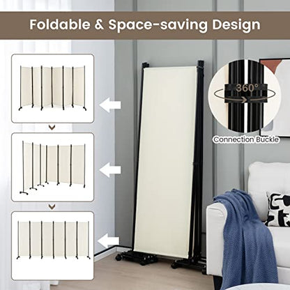 NAFORT 6 Panel Folding Room Divider for Room Separation, Freestanding Privacy Screen with Lockable Universal Wheels, Fabric Wall Partition Screen for Living Room, Bedroom, Office, White - color: White