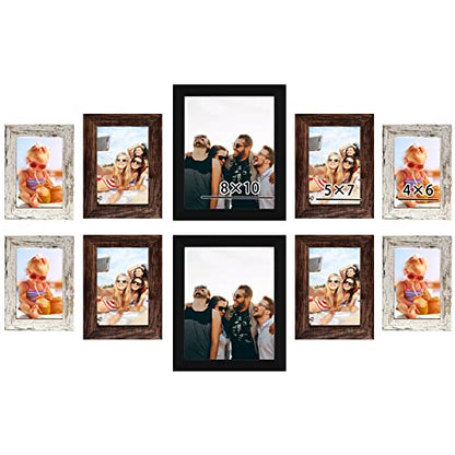 LUCKYLIFE Picture Frame Set 10-Pack, Gallery Wall Frame Collage with 8x10 5x7 4x6 Frames in 3 Different Finishes - color: Black&Brown&Distressed white
