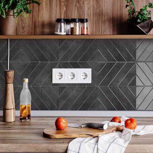 STICKGOO Herringbone Peel and Stick Backsplash, Black/Grey Grout, 10 Sheets | 12.6 x 9.7 in, Thicker Rectangular Vinyl Stick-On Wall Tiles, Easy Alignment, Waterproof, Easy to Clean, Kitchen/Bathroom - color: Shiny Black With Dark Grey Grout, size: Pack o