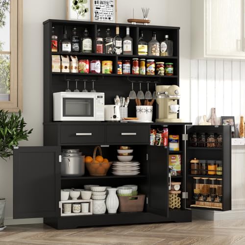 Tall Pantry Cabinet with Darwers, Modern Kitchen Hutch with Microwave Stand | Kitchen Pantry Storage Cabinet with Door Shelf, Food Pantry with Goblet Holders & Adjustable Shelves for Dining Room, Black - color: Black-goblet Holders