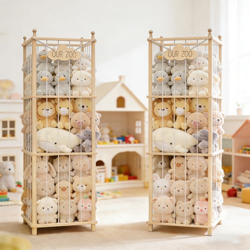 Stuffed Animal Storage,Large Wooden Toy Organizer,Anti-Tip Design,Easy Assembly - size: 53.9*15.7*15.7 IN*2