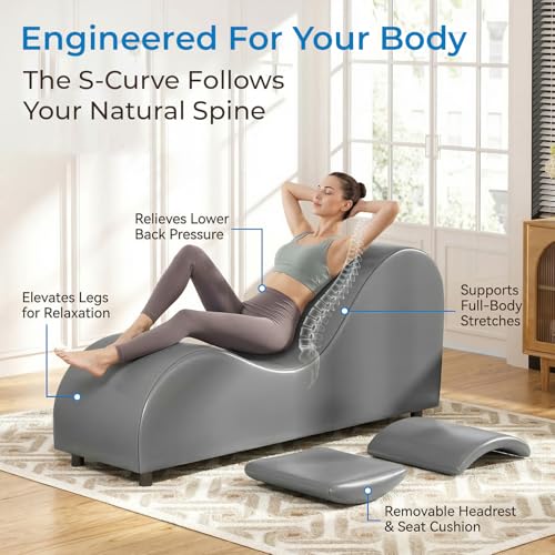 Yoga Sofa Chaise Lounge Chair for Adults Home Stretching Relaxation, 60"W Ergonomic Yoga Chaise Lounges Chair Sofas Indoor with Removable Head Cushion for Office Small Space Exercise, Dark Grey