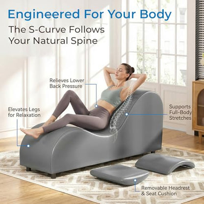 Yoga Sofa Chaise Lounge Chair for Adults Home Stretching Relaxation, 60"W Ergonomic Yoga Chaise Lounges Chair Sofas Indoor with Removable Head Cushion for Office Small Space Exercise, Dark Grey