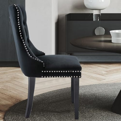 Velvet Upholstered Dining Chairs Set of 6, Modern Style Kitchen Side Chairs with Nailhead Trim and Wood Legs,Metal Pulling Ring for Dining Room Living Room(Black,Set of 6) - color: Black, size: Set of 6