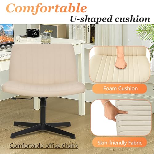 FDW Criss Cross Chair Armless Cross Legged Office Desk Chair Adjustable Swivel Ergonomic Desk Chair No Wheels U Shaped Backrest with Wide Seat Native Sponge Computer Task Vanity Chair for Home Office - color: Cream, style: Without Wheels