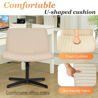 FDW Criss Cross Chair Armless Cross Legged Office Desk Chair Adjustable Swivel Ergonomic Desk Chair No Wheels U Shaped Backrest with Wide Seat Native Sponge Computer Task Vanity Chair for Home Office - color: Cream, style: Without Wheels