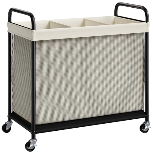 ELYKEN Laundry Hamper 3 Section, 120L Rolling Laundry Sorter with Wheels | Removable Washable Liner Bags, Sturdy Steel Frame and Metal Handle, 3 Compartment Clothes Organizer for Laundry Sorting - color: Beige, size: 3-Section