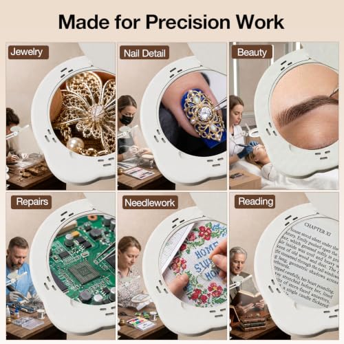 knitly Magnifying Glass with Light, 15X Optical Glass Lamp for Close Work, 5 Color Modes, 9 Brightness Levels, Hands-Free Desk Clamp for Jewelry, Crafts, Soldering, Reading, Nail Detail, Snow White