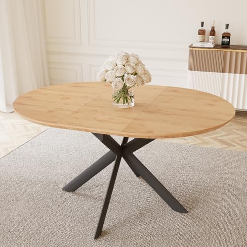 HIPIHOM 43.2"-59.1" Extendable Round Dining Table | Mid century modern oak finish, MDF board, space saving design, for 4-6 person, kitchen & coffee table - color: Oak Table, size: Oak Table