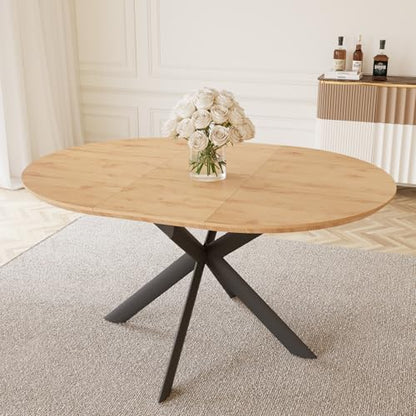 HIPIHOM 43.2"-59.1" Extendable Round Dining Table | Mid century modern oak finish, MDF board, space saving design, for 4-6 person, kitchen & coffee table - color: Oak Table, size: Oak Table