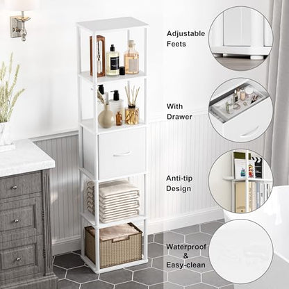 6-Tier Bookshelf Organizer, Narrow Bookcase,Tall Skinny Bookshelves, Standing Ladder Shelf with Drawer, Small Book Shelf with Storage for Living Room, Bedroom, Office, Study White HBC505W - color: White