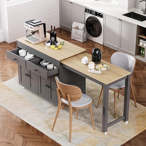 Kitchen Island, Extendable Dining Table with Storage | Extendable dining table, expands from prep station to dining table, seats up to 2 extra guests, saves space when closed - color: Grey