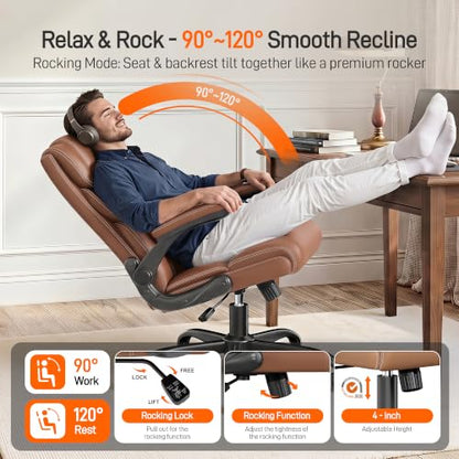 Office Chair, Executive Mid-Back Computer Desk Chair with Flip-up Armrests | 300 Lbs Ergonomic Leather Swivel PC Chair with Rock Function for Working Studying (Brown) - color: Brown