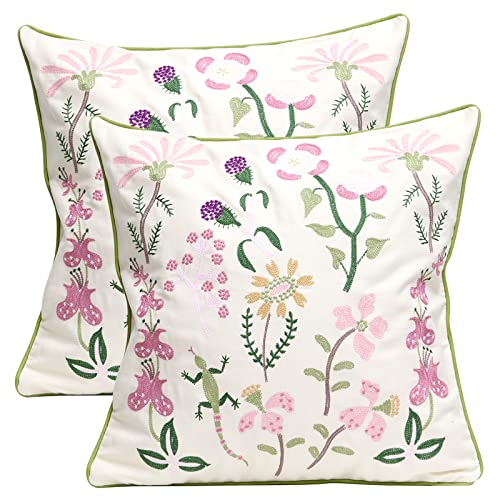 Set of 2 Embroidered Decorative Throw Pillow Covers Couch Square Pillowcases Cushion for Bedroom Sofa Farmhouse Decor 18x18 Inch (Gecko Flower) - color: Gecko Flower