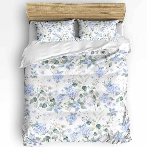 Duvet Cover Set Twin, Blue Hydrangea Flower Leaves on White 3 Piece Bedding Set Breathable Quilt Cover Set, Farmhouse Floral Soft Microfiber Bed Set with Pillow Shams - size: Twin